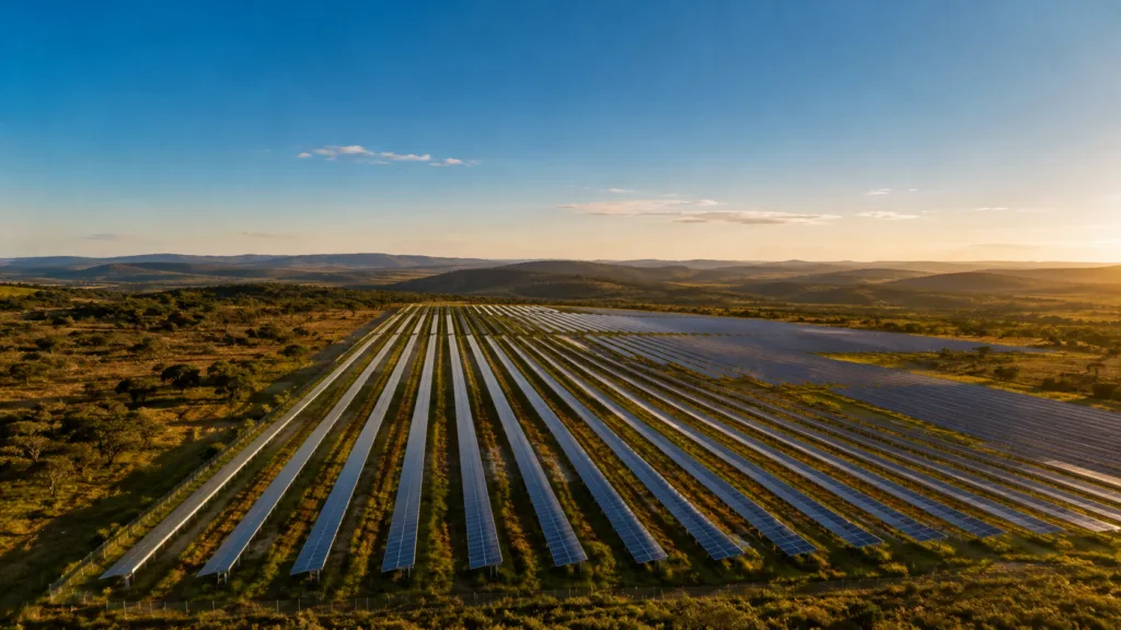 Usina solar gerando energia que vira crédito de energia solar na conta de luz do assinante