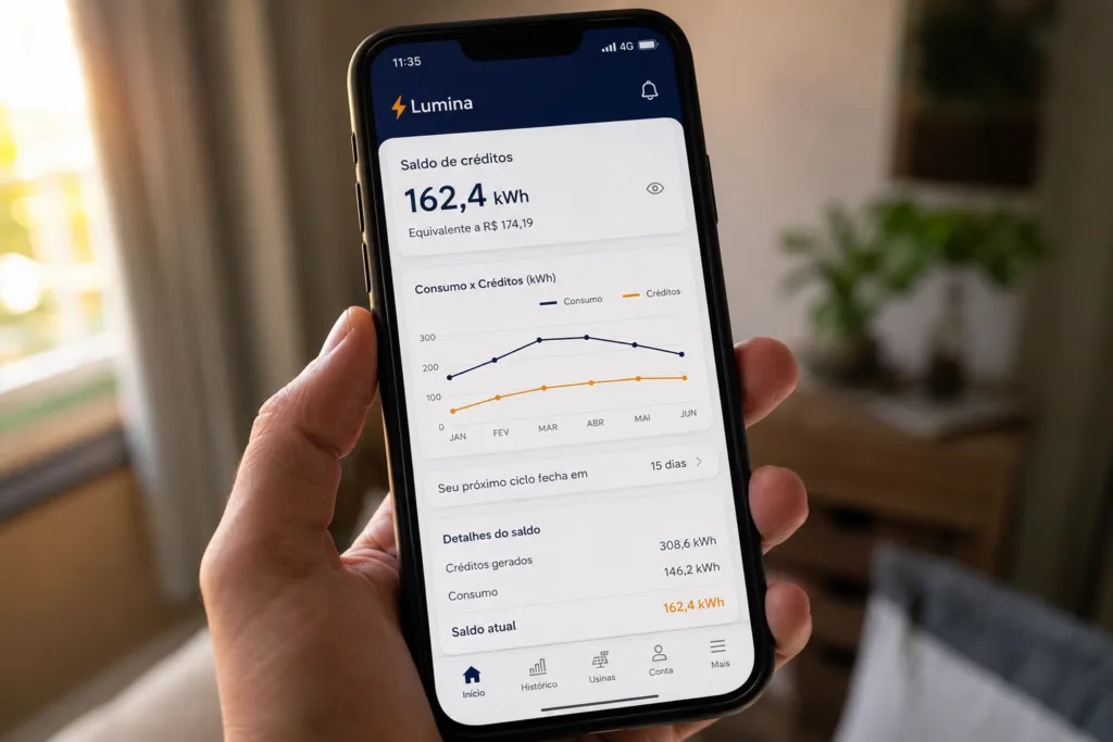 App mostrando saldo de créditos e energia injetada para acompanhar a economia na conta de luz